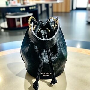 Anna Paola Black Pebbled Leather Small Drawstring Bucket Bag